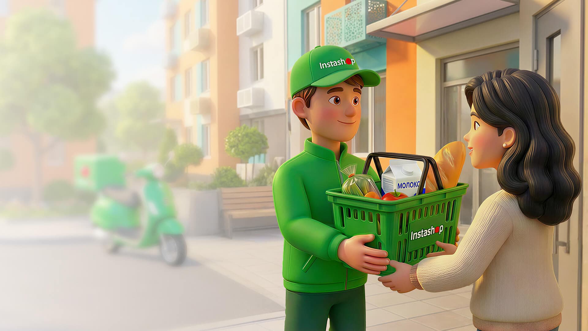 Курьер Instashop доставляет продукты